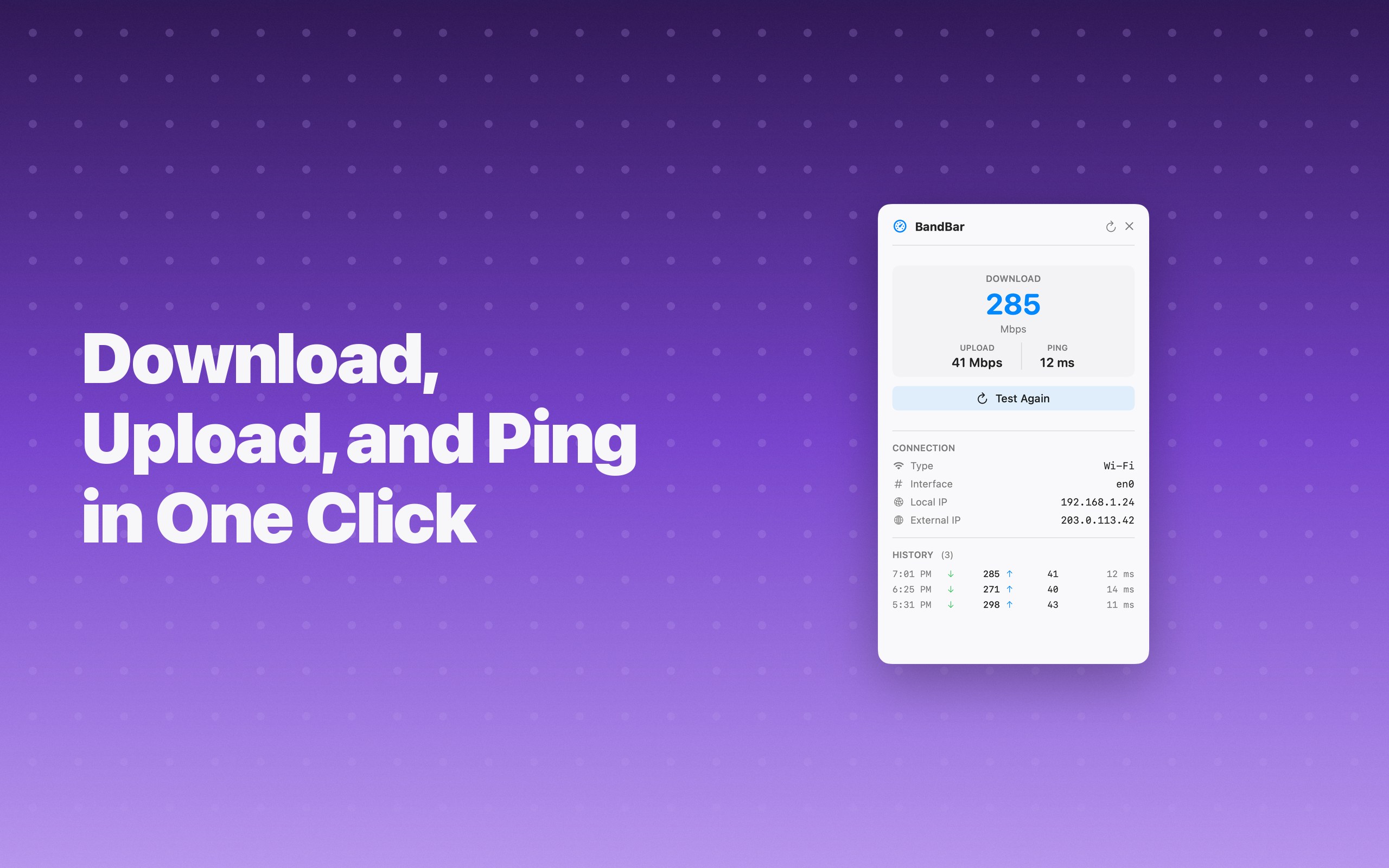 BandBar reporting download, upload and ping after a finished test