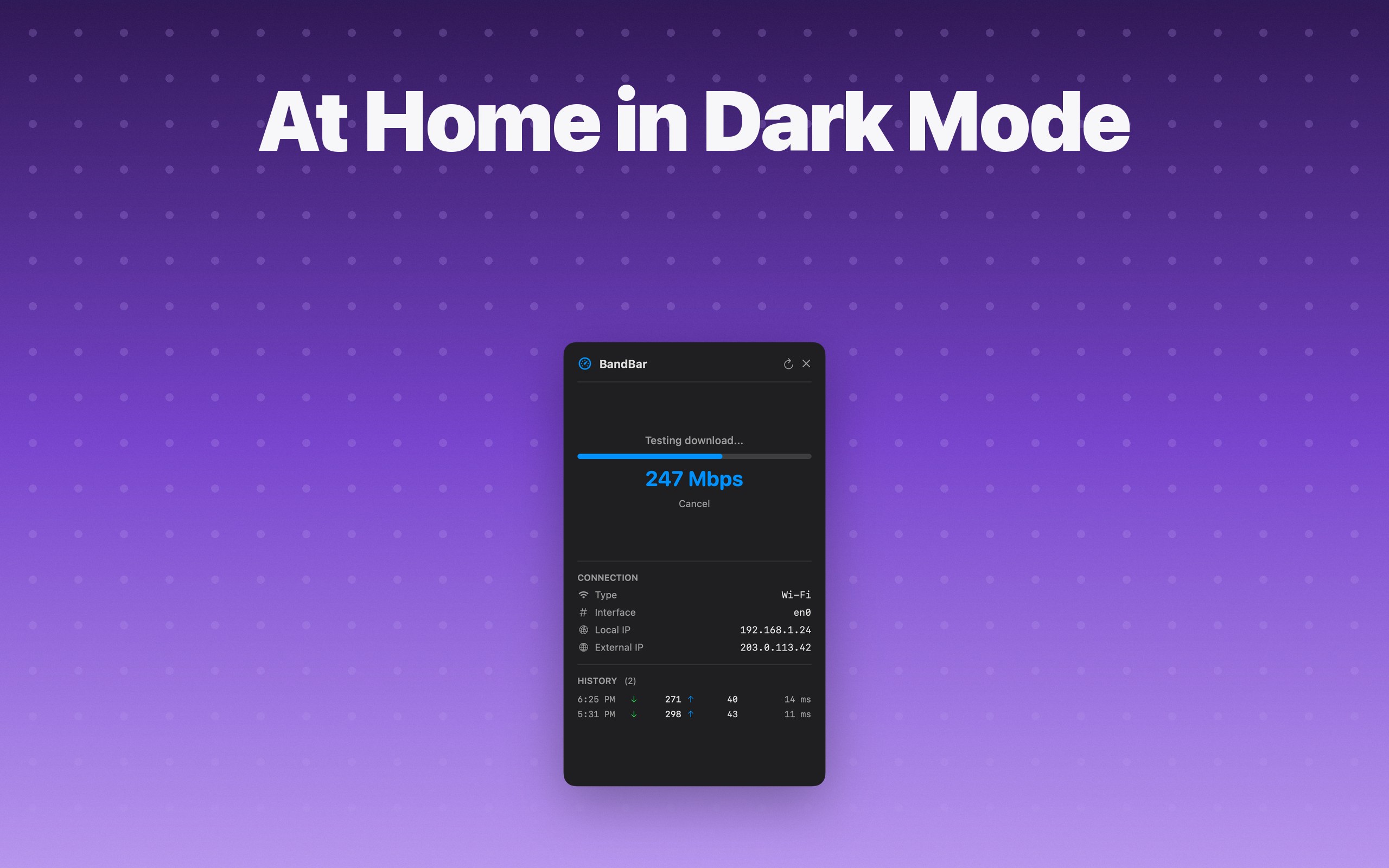 BandBar mid-test in dark mode, with a progress bar and a live speed readout