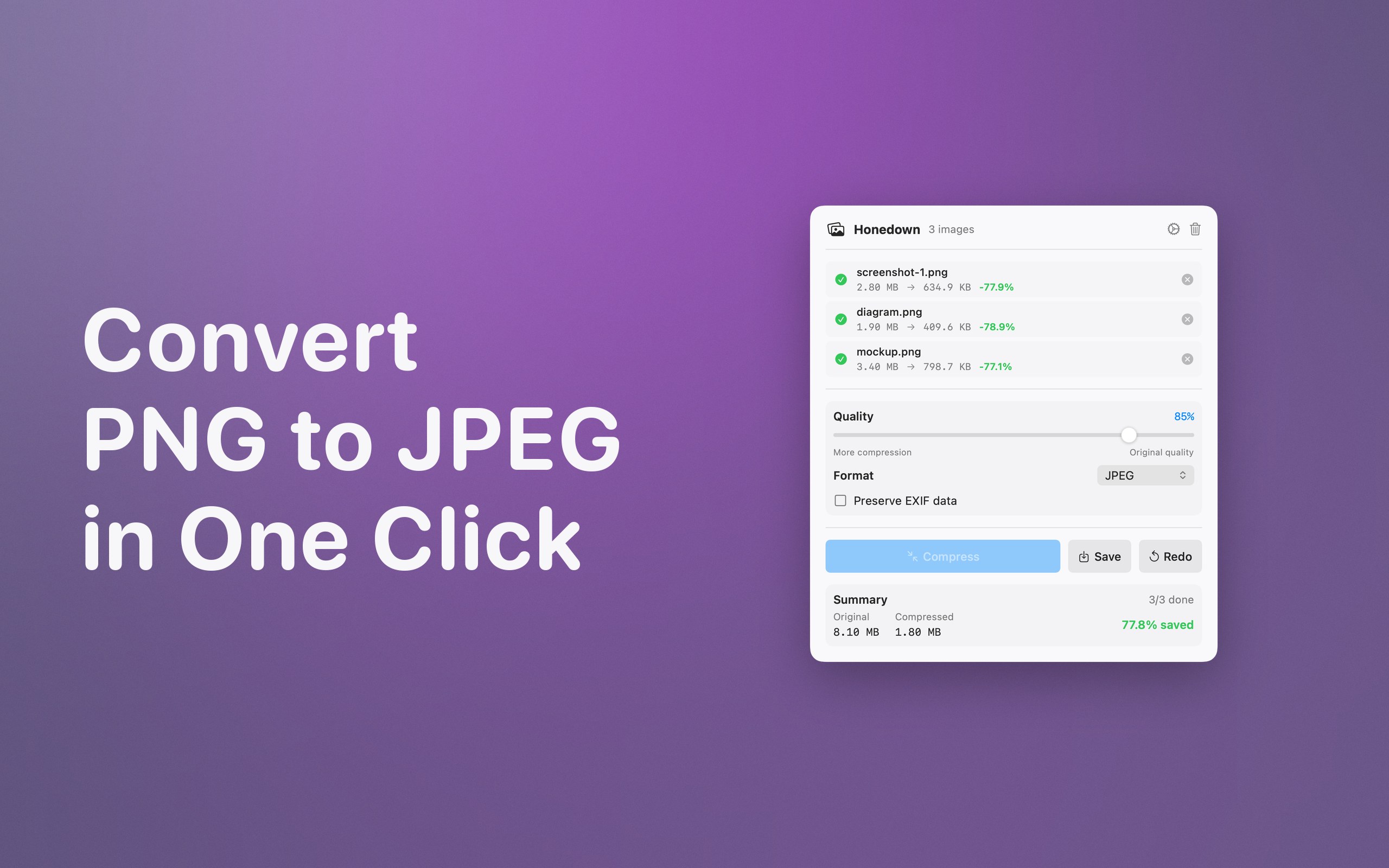 A finished batch with per-file savings and a total saved summary