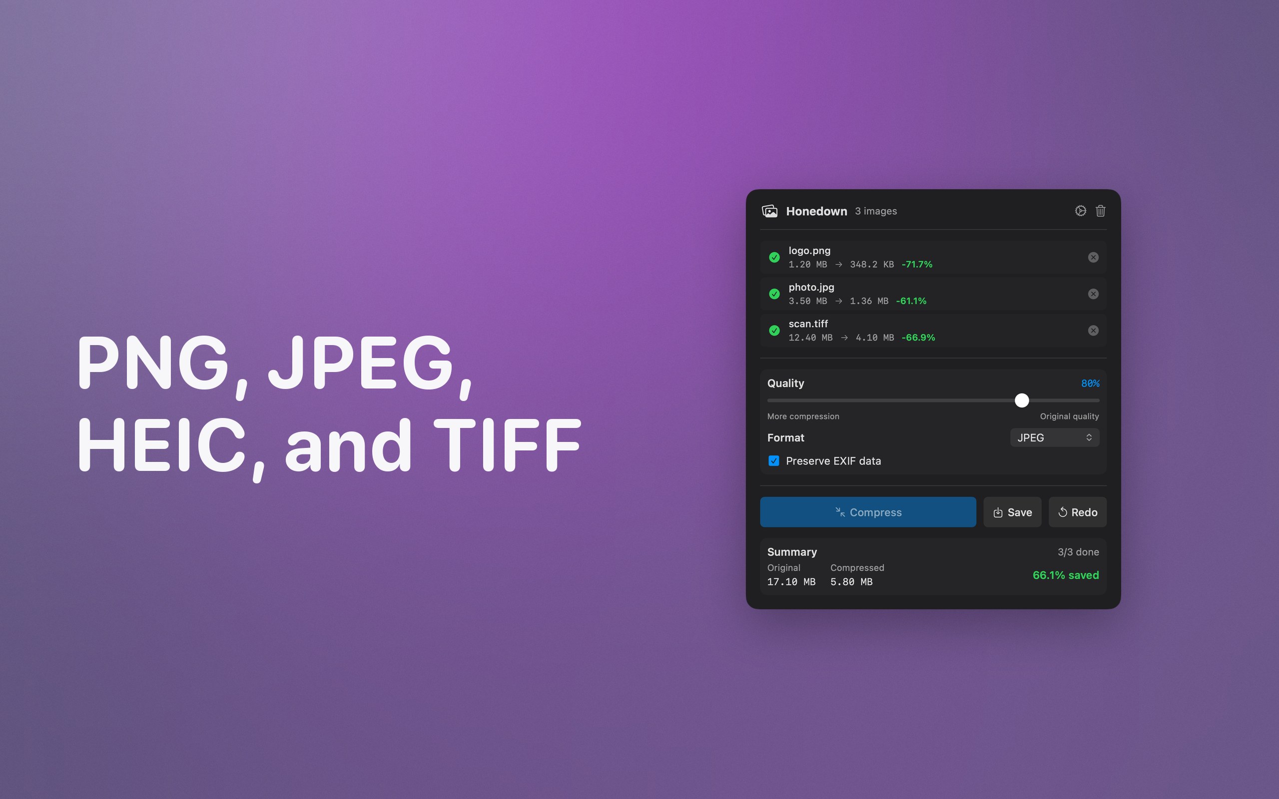 PNG, JPEG, HEIC, and TIFF all compressed