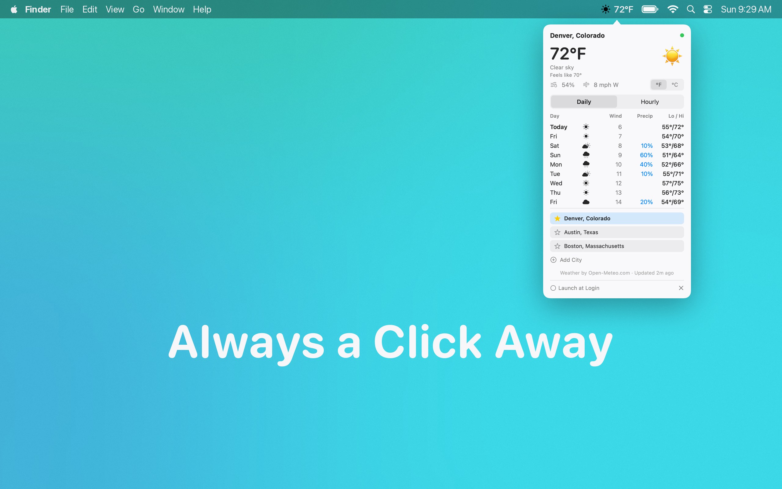 Vanecast open from the Mac menu bar showing the current conditions