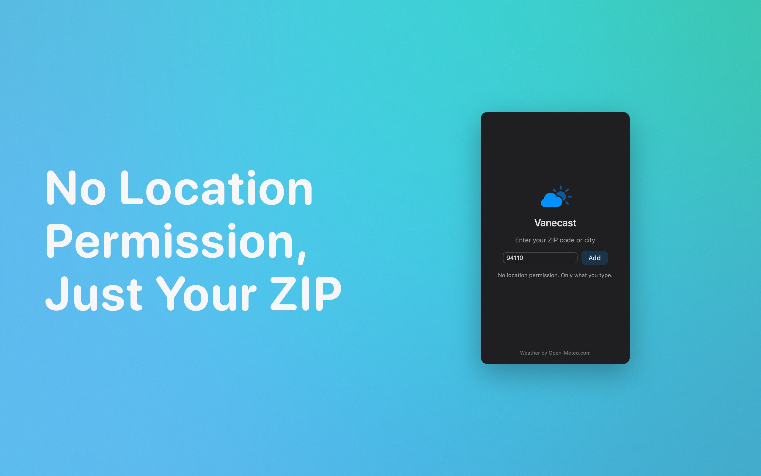 Vanecast onboarding, enter a ZIP code with no location permission